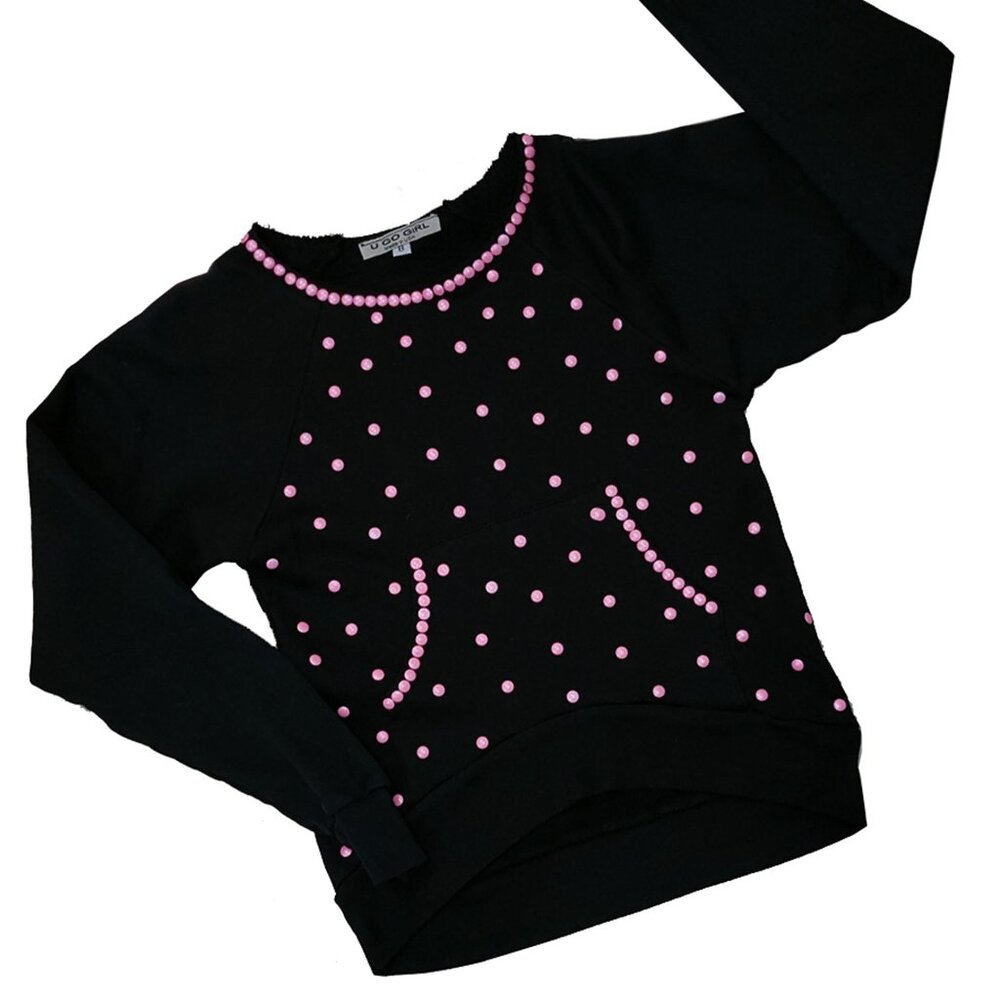 Pink Polka Dots Embellished Girl's Black Sweatshirt
